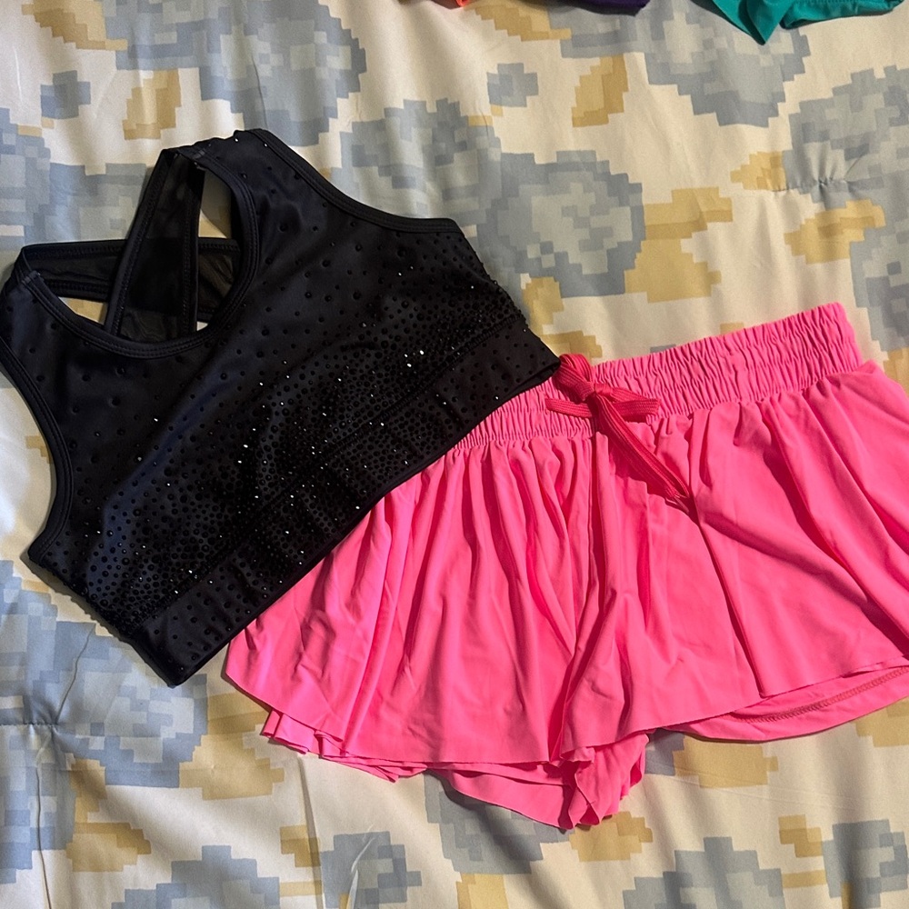 Black Sequin Crop Top and Pink Shorts Set